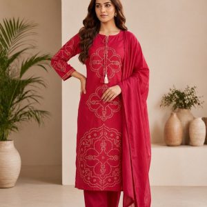 Ruby Red Mull Chanderi Embroidered 3-Piece Kurta Set
