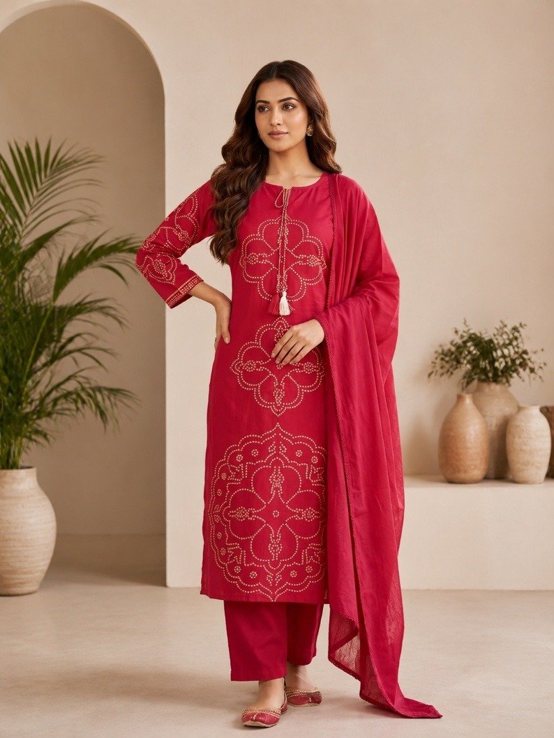 Ruby Red Mull Chanderi Embroidered 3-Piece Kurta Set
