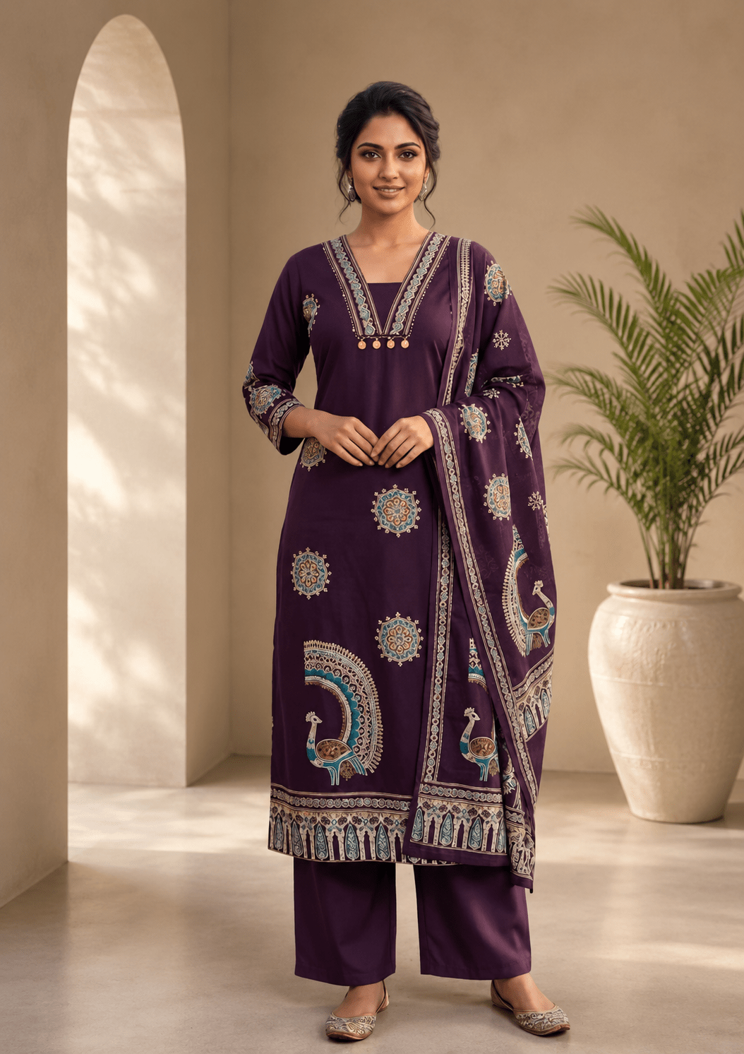 Ruby Red Mull Chanderi Embroidered 3-Piece Kurta Set - Image 6