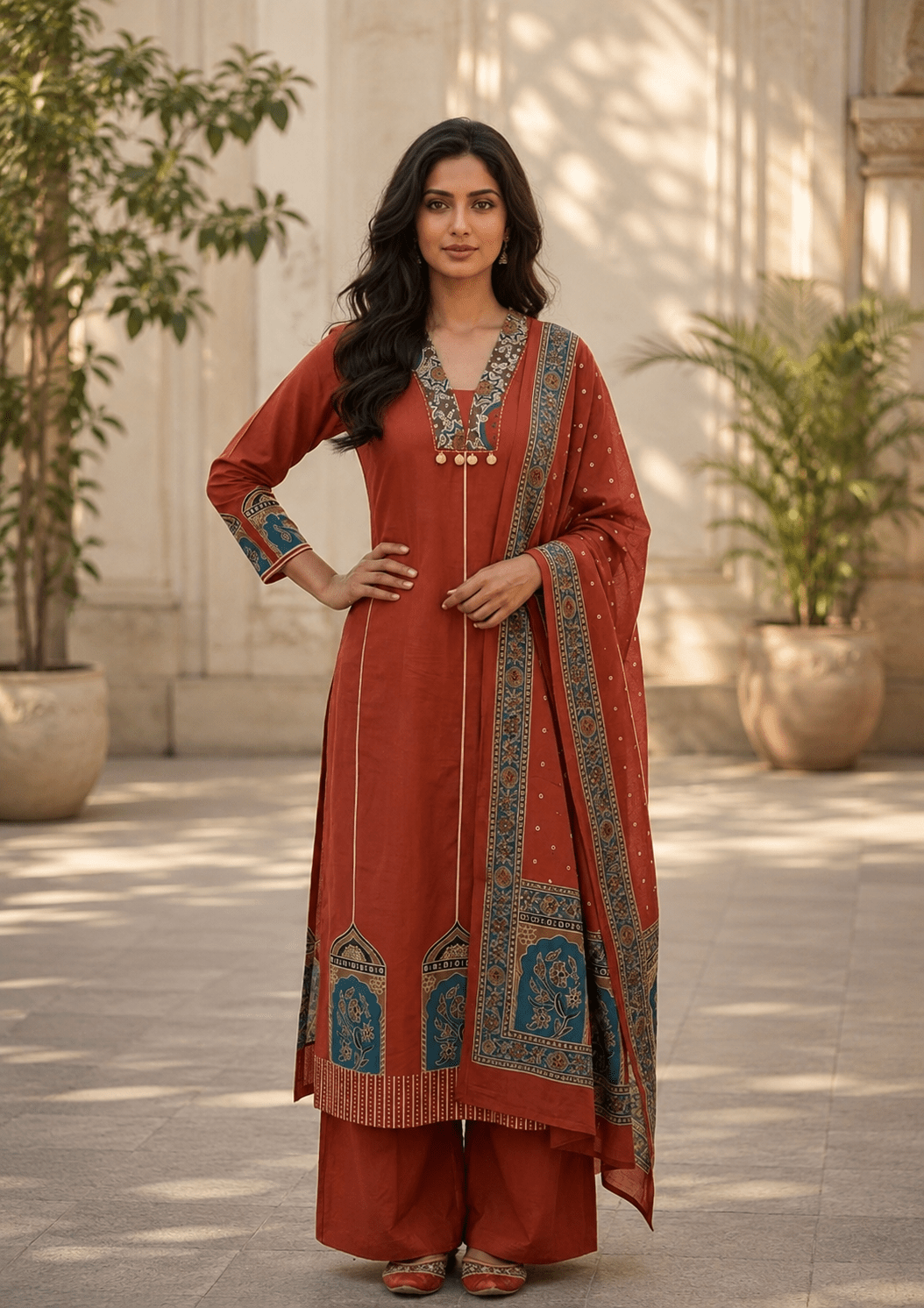 Ruby Red Mull Chanderi Embroidered 3-Piece Kurta Set - Image 8