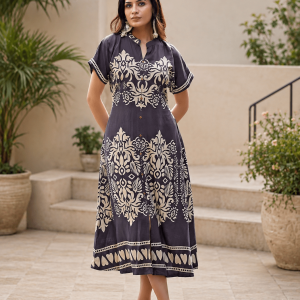 KADLEE Signature Rayon Printed One-Piece Dress with Thread & Handwork | Elegant Casual & Festive Wear for Women