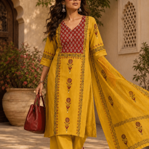 DABOO Cotton Handwork 3-Piece Suit Set – Premium Cotton Block Dupatta
